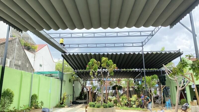 Mái xếp cố định khung sắt, inox