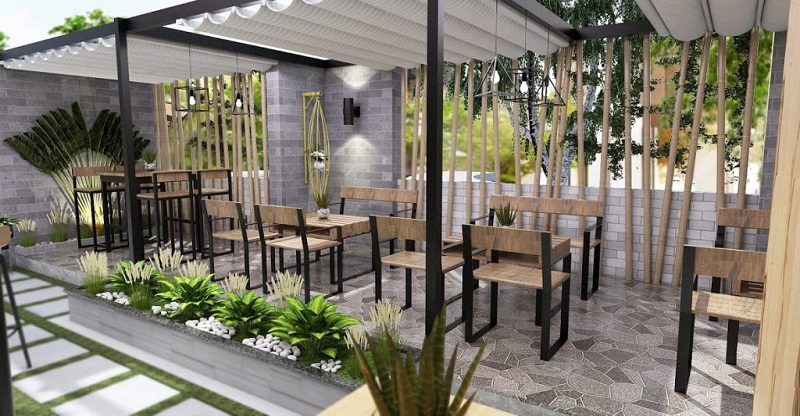 Mái xếp dạng lượn sóng cho quán cafe tạo nên nét thẩm mỹ hiện đại và dễ dàng sử dụng